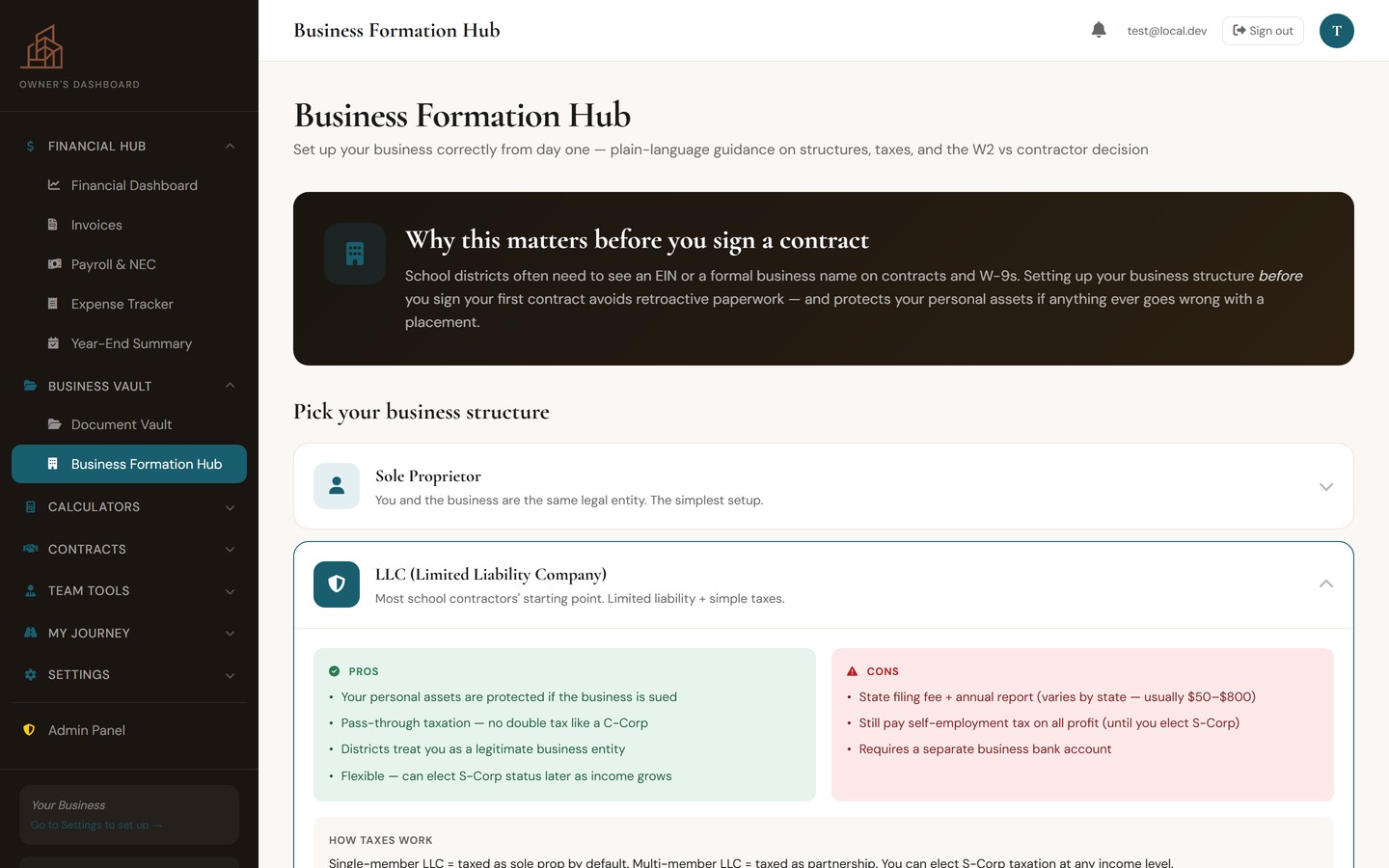 Business Formation Hub with LLC and S-Corp comparison