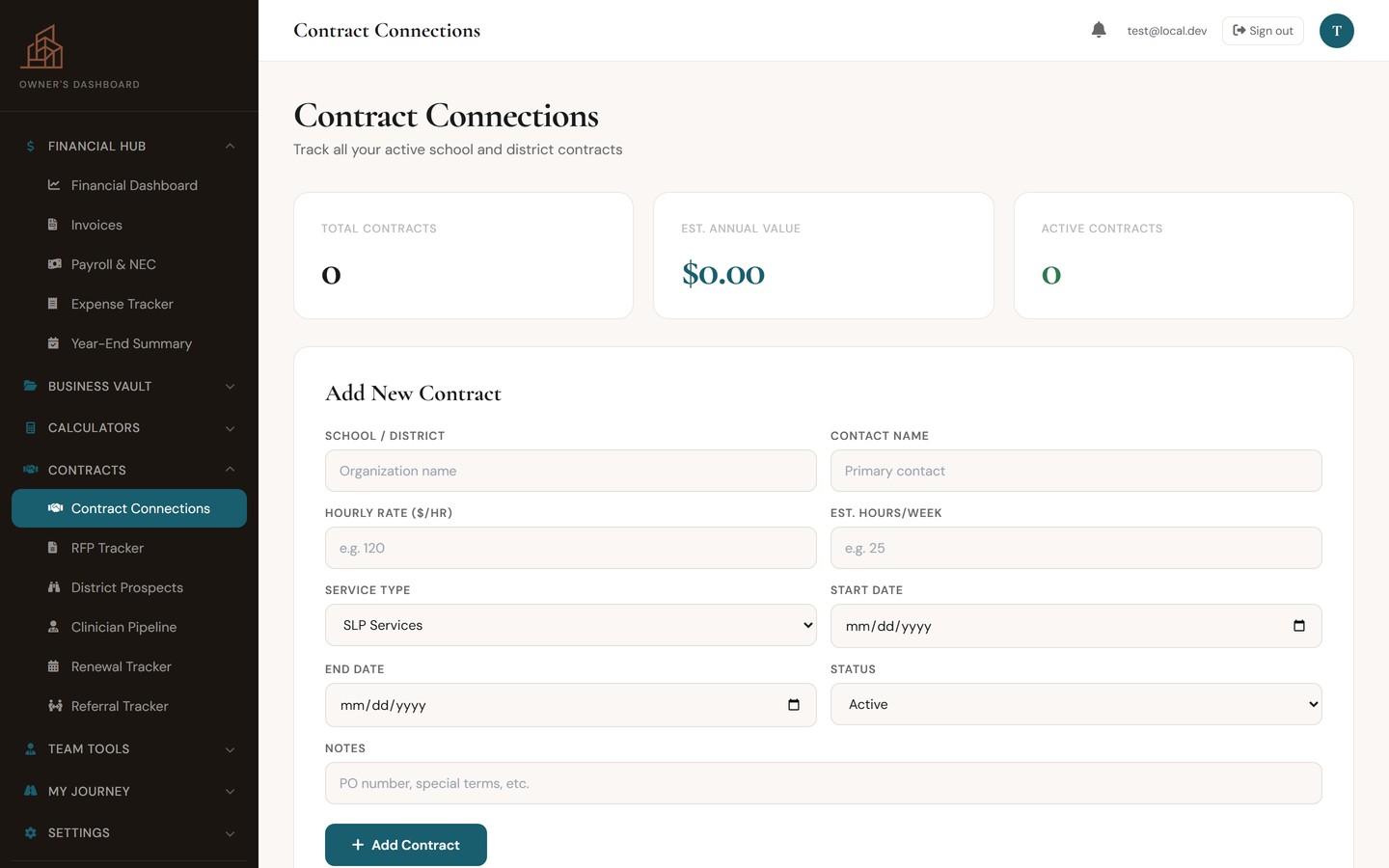 Contract Connections registry showing active school contracts