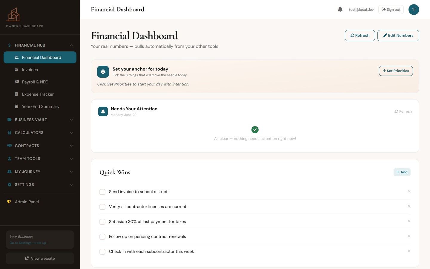 Financial dashboard with morning priorities and revenue tracking