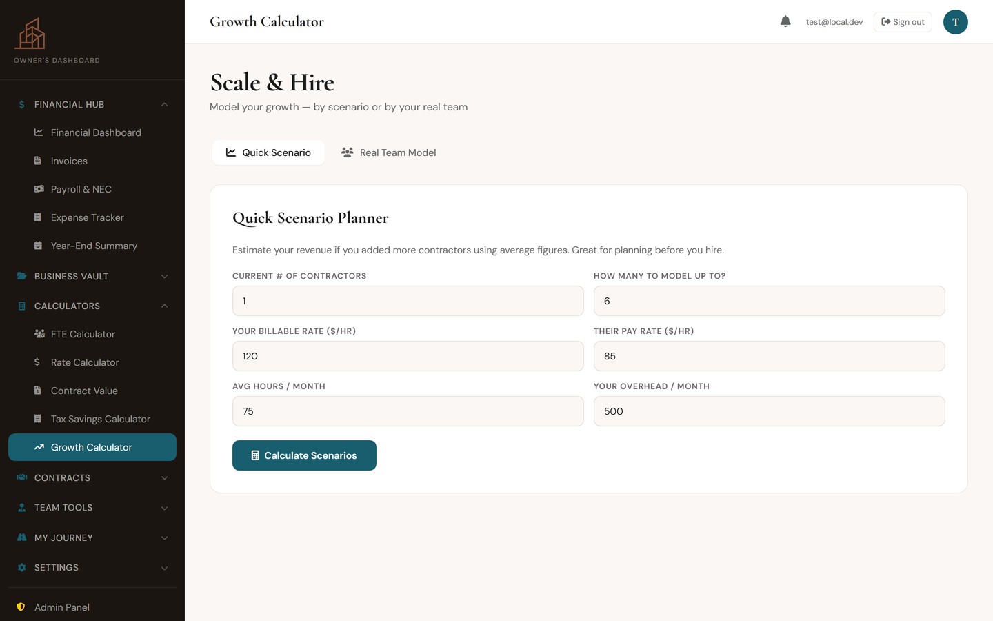 Growth Calculator showing revenue and profit projections