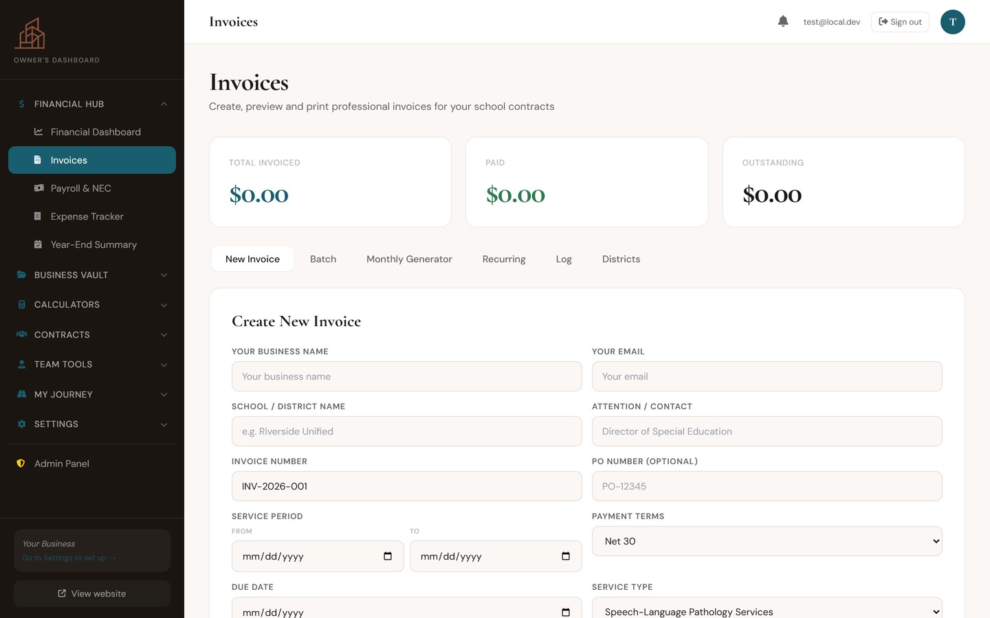 Invoice builder dashboard