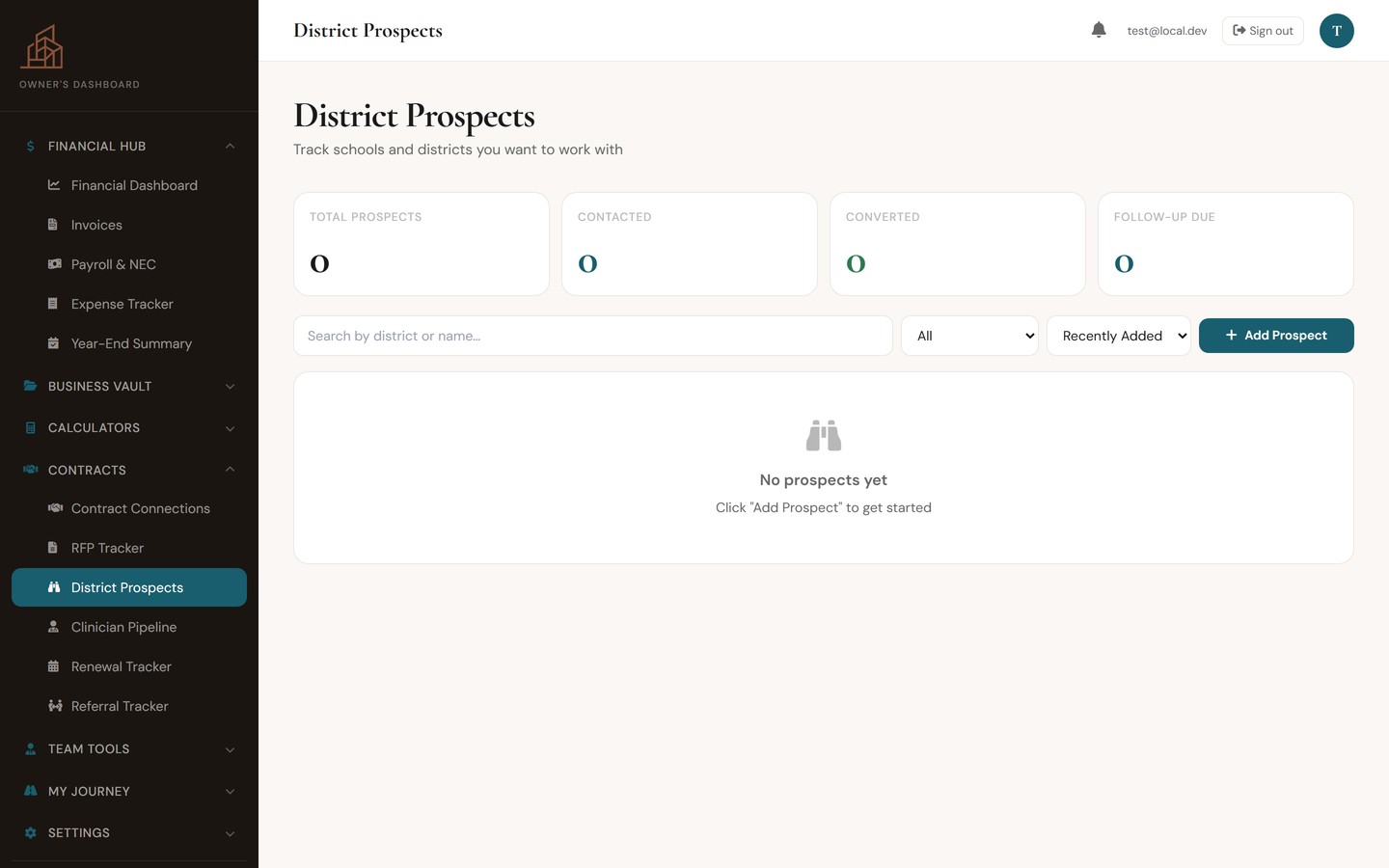 District Prospects pipeline with search and status filter