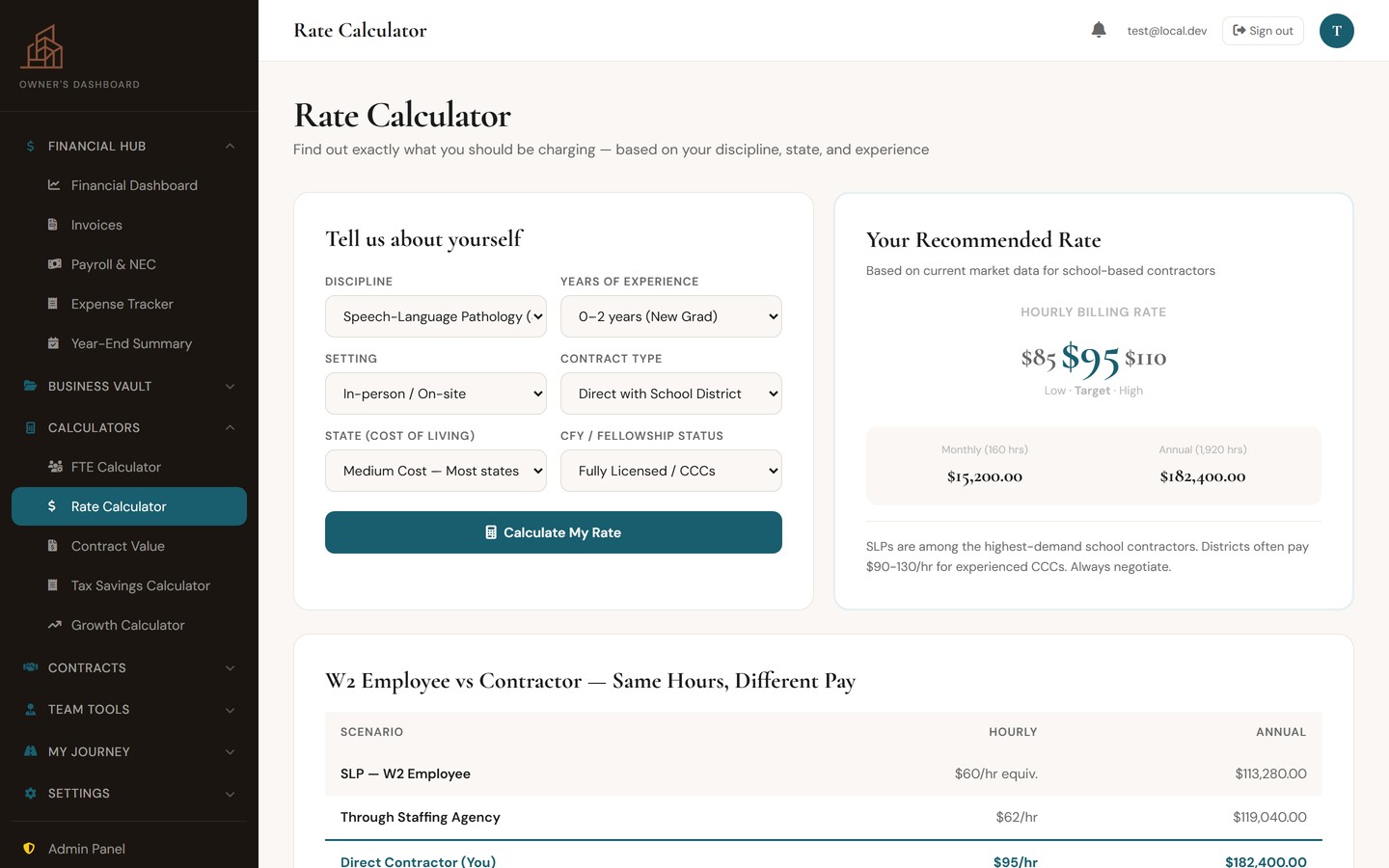 Rate Calculator showing recommended hourly billing rate