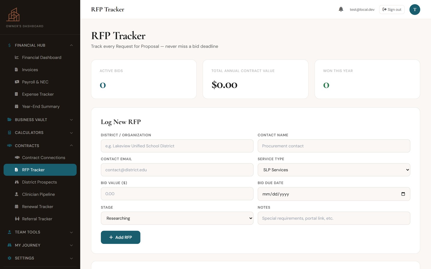RFP Tracker showing active bids and pipeline stages