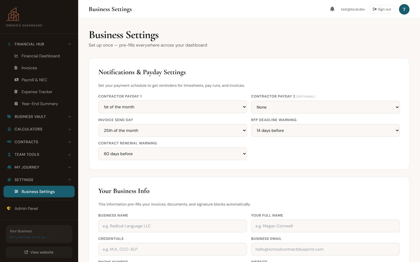 Business Settings page showing notifications, payday schedule, and business info fields