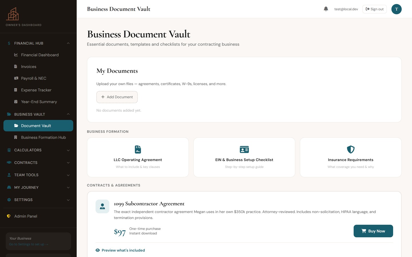 Business Vault with 10 pre-written legal templates